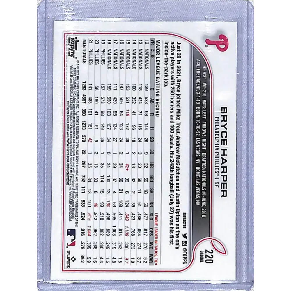 2022 Topps Chrome Refractor #220 Bryce Harper NM-MT Philadelphia Phillies - Baseball Card Single
