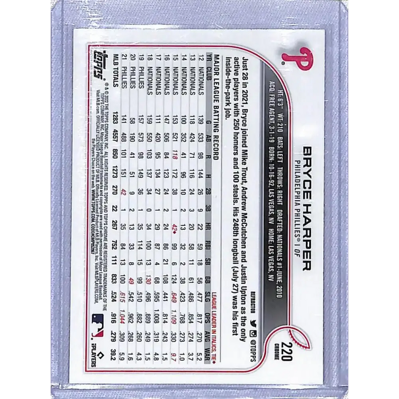 2022 Topps Chrome Refractor #220 Bryce Harper NM-MT Philadelphia Phillies - Baseball Card Single