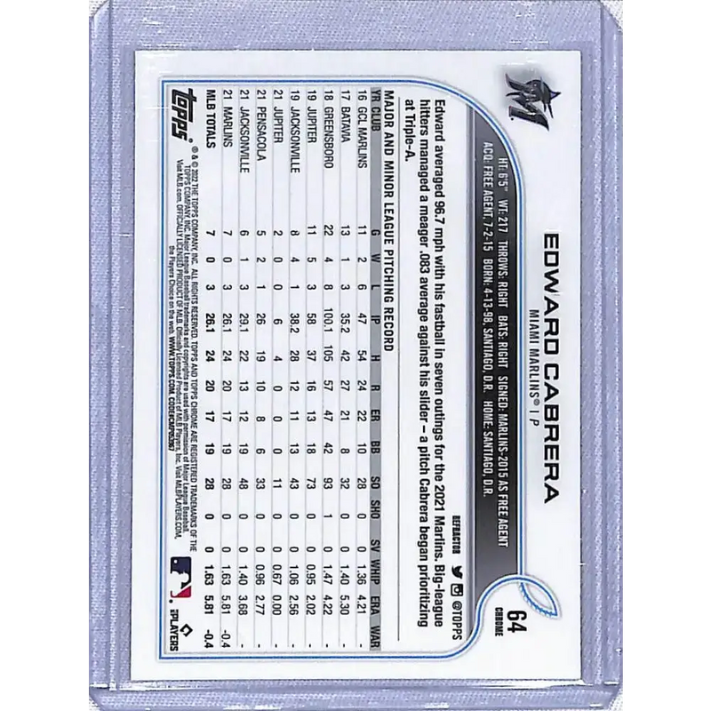 2022 Topps Chrome Refractor #64 Edward Cabrera NM-MT Miami Marlins - Baseball Card Single