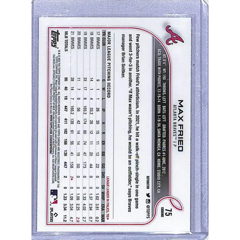 2022 Topps Chrome Refractor #75 Max Fried NM-MT Atlanta Braves - Baseball Card Single