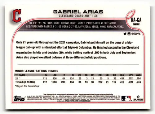 2022 Topps Chrome Rookie Autograph #RA-GA Gabriel Arias NM-MT RC Rookie ID:50821 - Baseball Card Single
