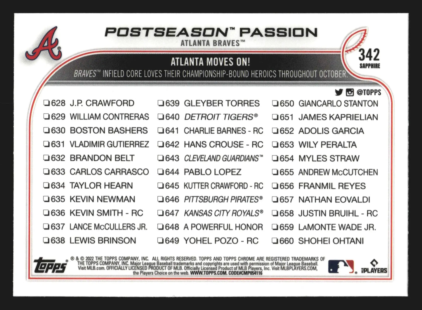2022 Topps Chrome Sapphire #342 Ozzie Albies Dansby Swanson Braves Postseason