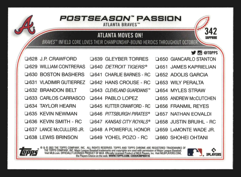 2022 Topps Chrome Sapphire #342 Ozzie Albies Dansby Swanson Braves Postseason