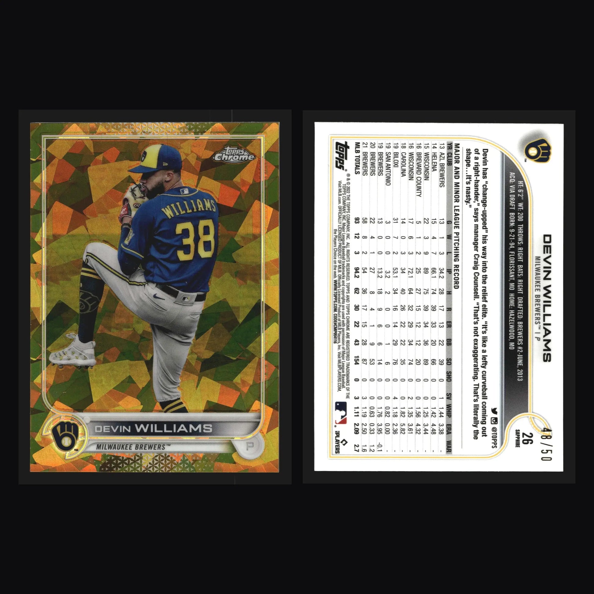 2022 Topps Chrome Sapphire Devin Williams #26 Gold /50 Brewers - Baseball Card Single
