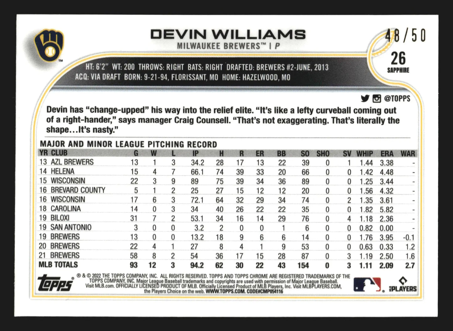 2022 Topps Chrome Sapphire Devin Williams #26 Gold /50 Brewers - Baseball Card Single