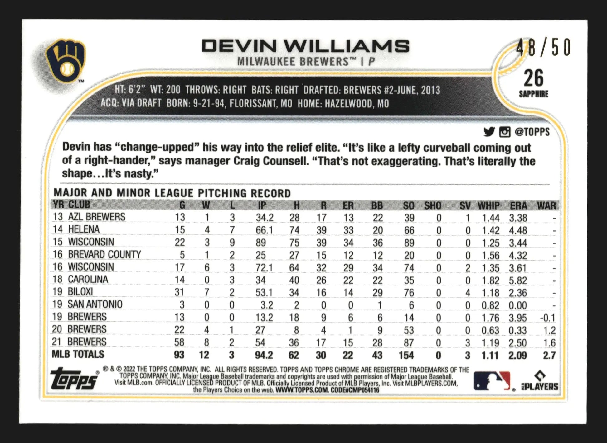 2022 Topps Chrome Sapphire Devin Williams #26 Gold /50 Brewers - Baseball Card Single