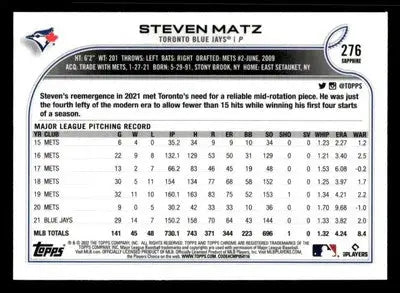 2022 Topps Chrome Sapphire Edition #276 Steven Matz - Baseball Card Single