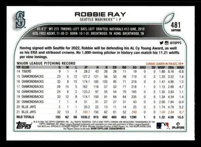 2022 Topps Chrome Sapphire Edition #481 Robbie Ray - Baseball Card Single