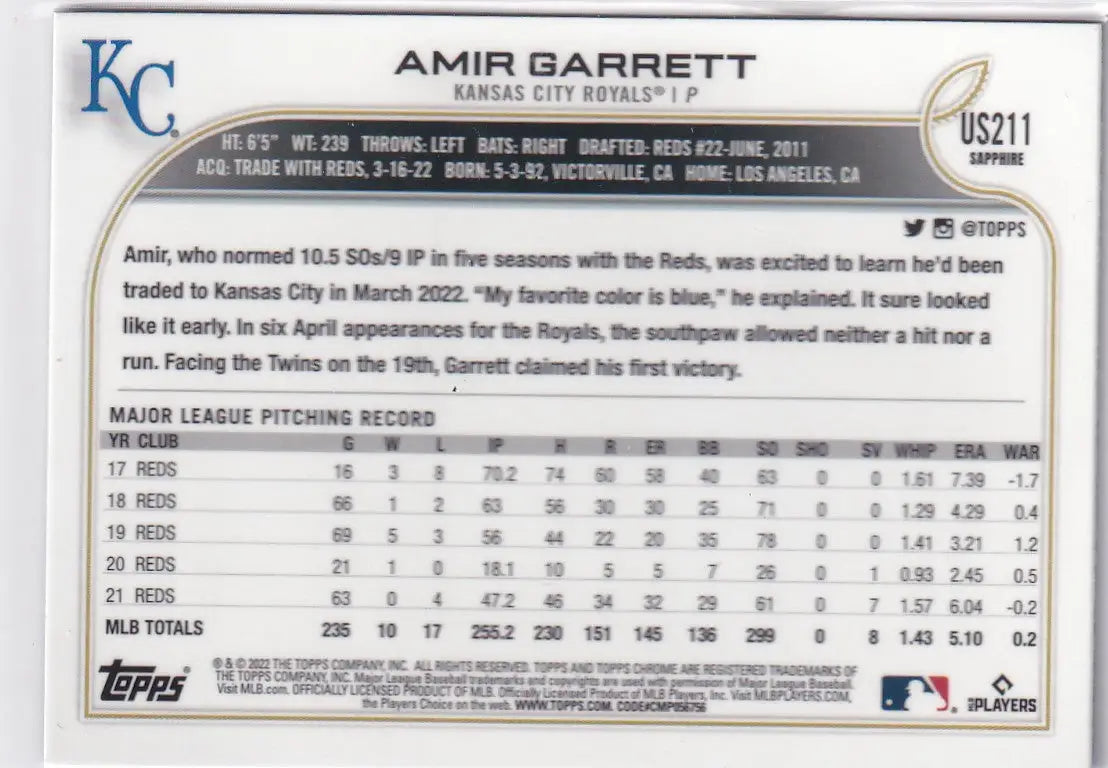 2022 TOPPS CHROME SAPPHIRE #US211 AMIR GARRETT- KANSAS CITY ROYALS - Baseball Card Single