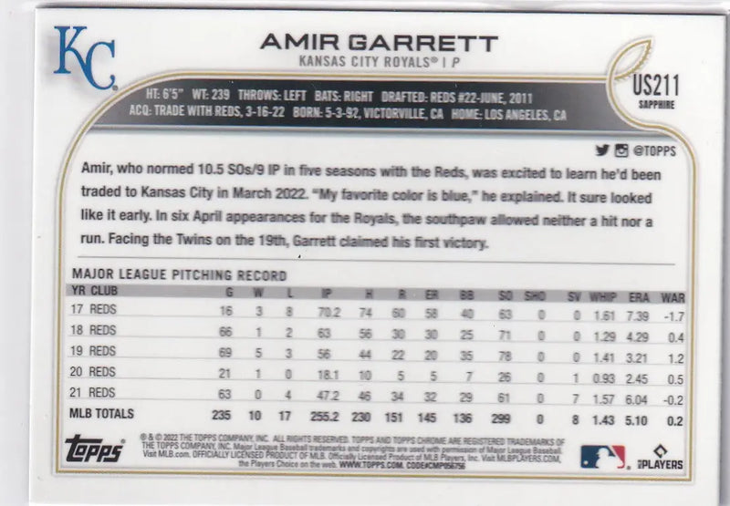 2022 TOPPS CHROME SAPPHIRE #US211 AMIR GARRETT- KANSAS CITY ROYALS - Baseball Card Single
