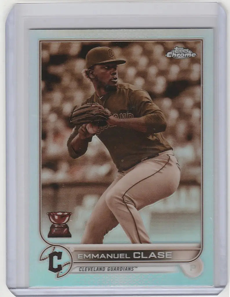 Baseball card of Emmanuel Clase in brown uniform from 2022 Topps Chrome Sepia set