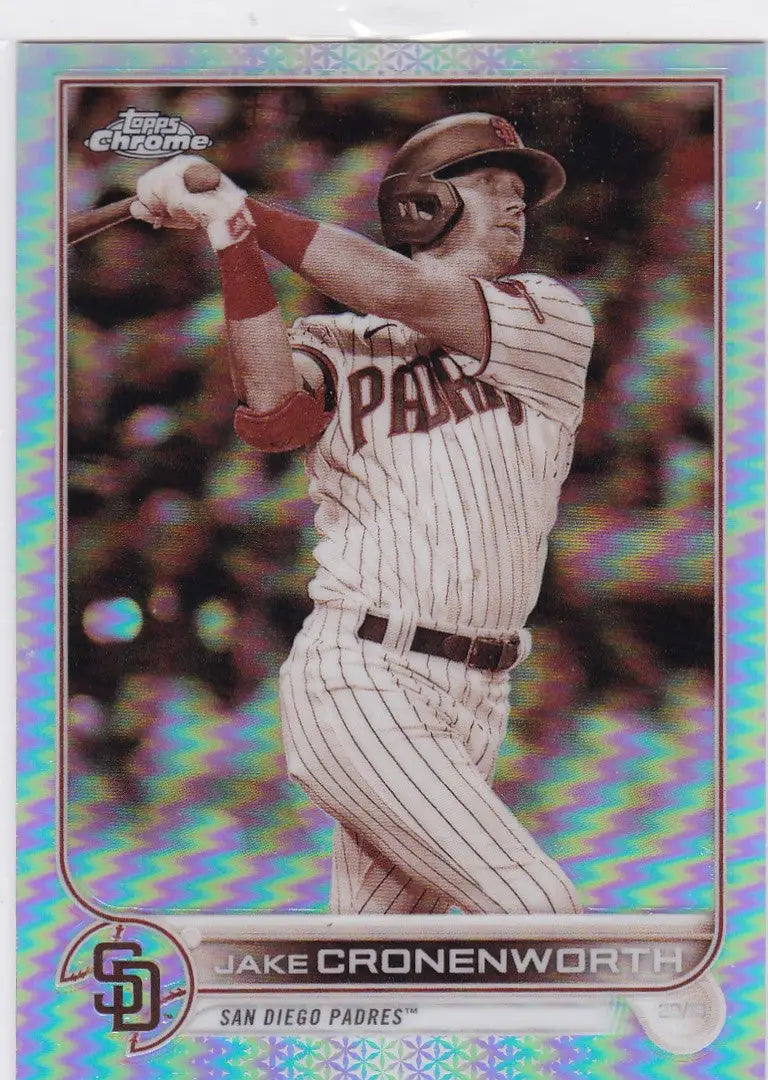 Baseball card of Jake Cronenworth swinging in Topps Chrome Sepia from San Diego Padres