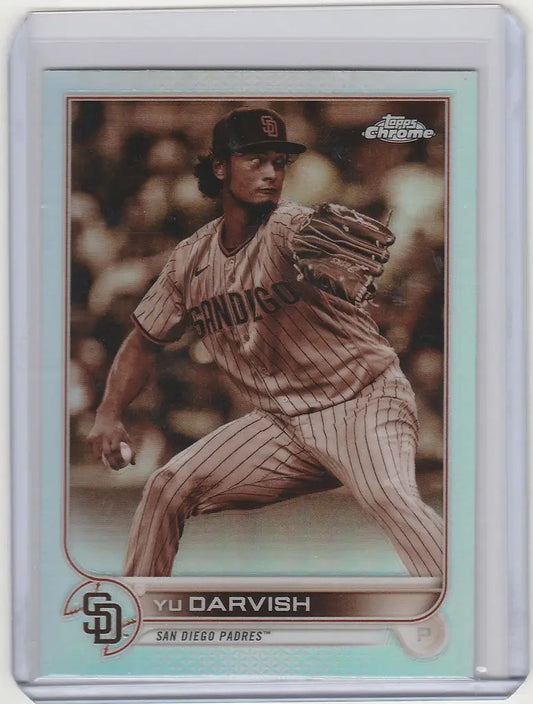 Baseball card of Yu Darvish in mid-throw, showcasing Topps Chrome Sepia and San Diego Padres