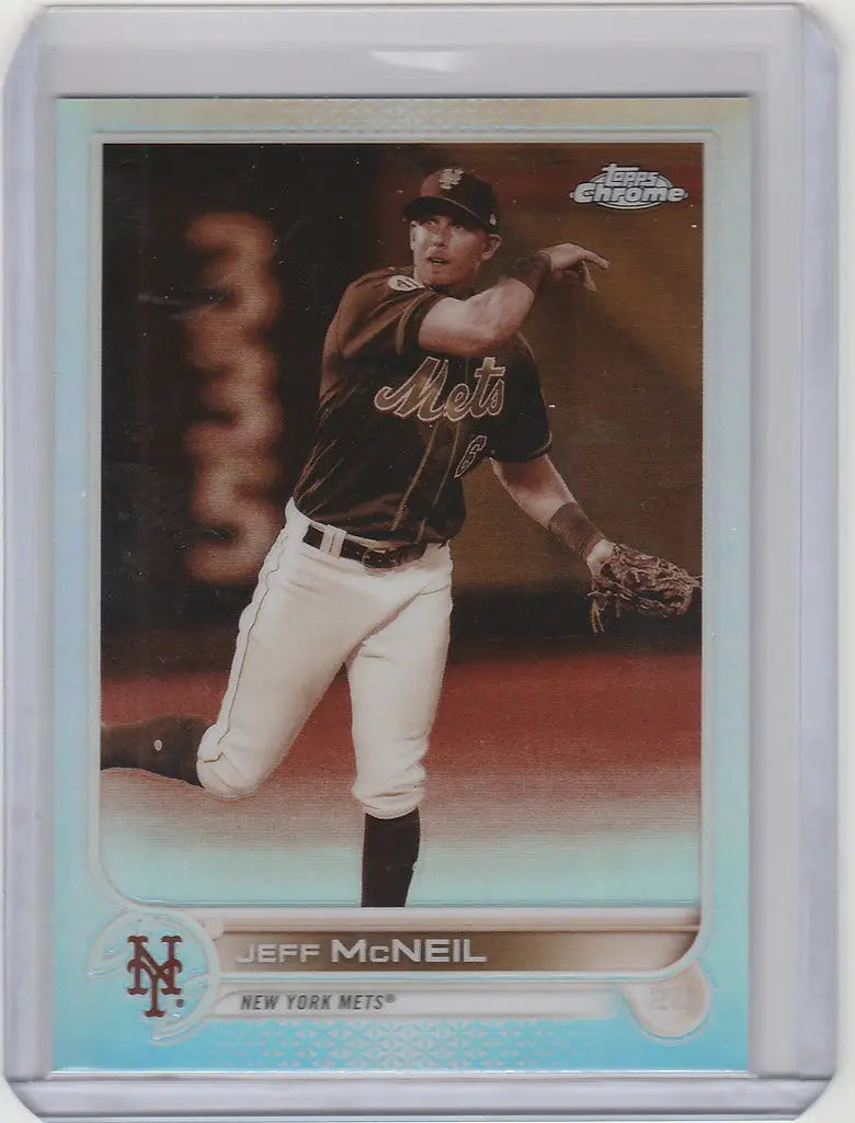 Baseball card of a New York Mets pitcher in mid-throw from Topps Chrome Sepia