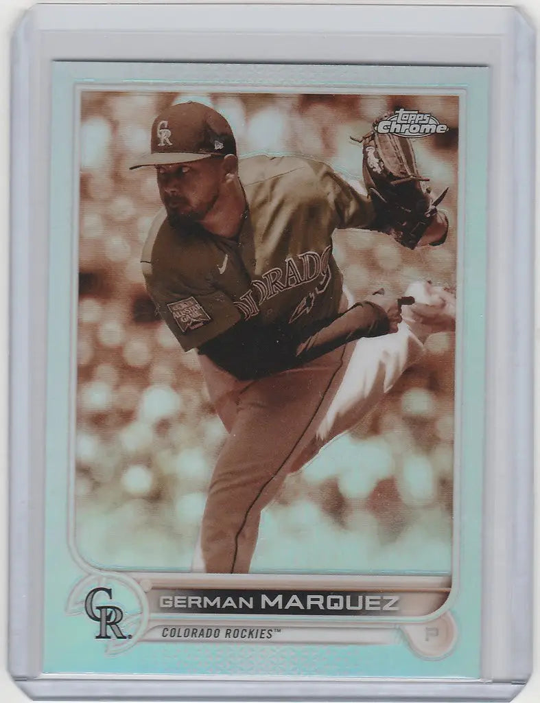 Baseball card of German Marquez pitching in Colorado Rockies uniform, Topps Chrome Sepia