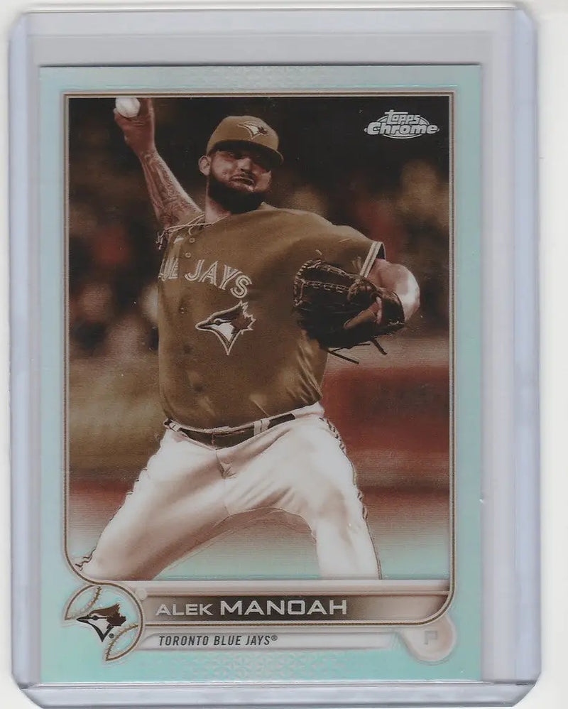 Alek Manoah pitching on a 2022 Topps Chrome Sepia card for Toronto Blue Jays
