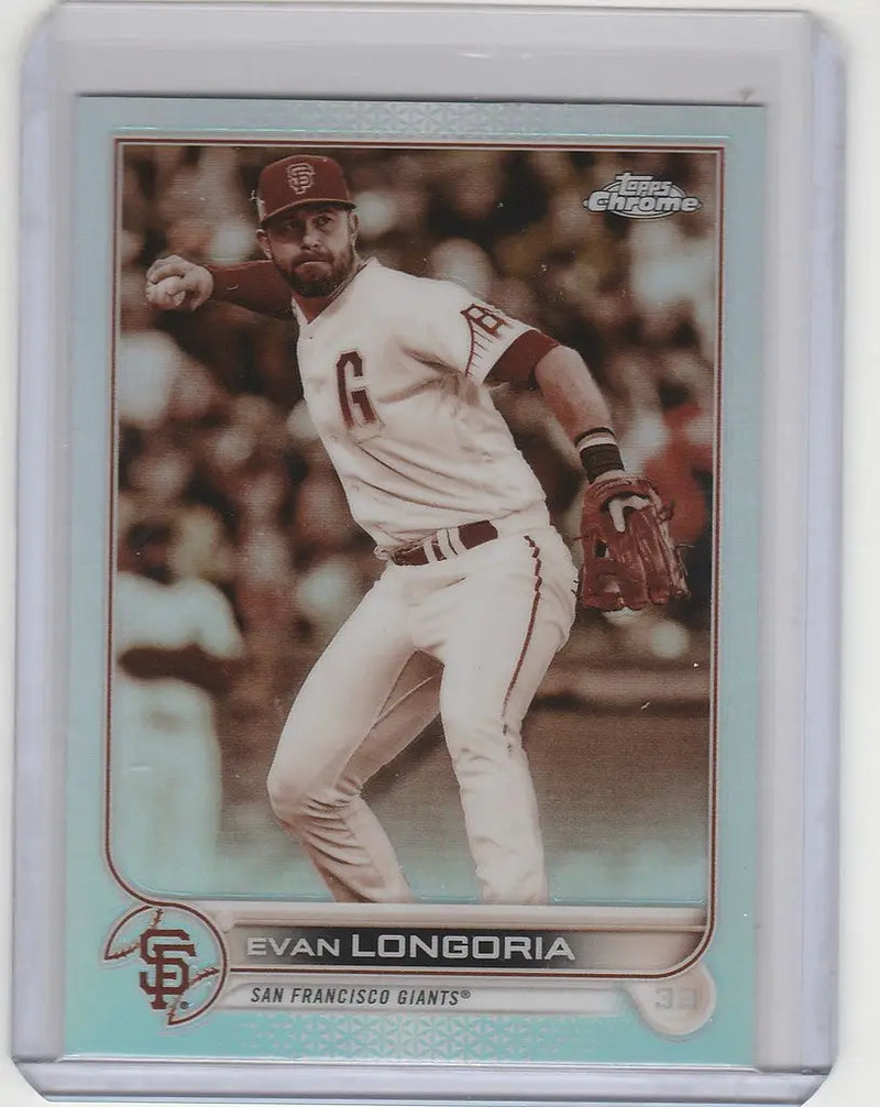 Baseball card of San Francisco Giants Evan Longoria in throwing motion Topps Chrome Sepia