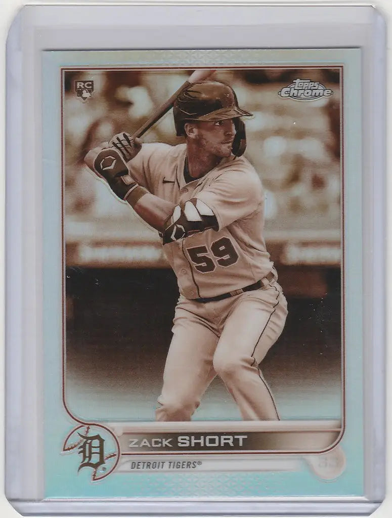 Baseball card of Detroit Tigers player in batting stance, Topps Chrome Sepia #86 Zack Short
