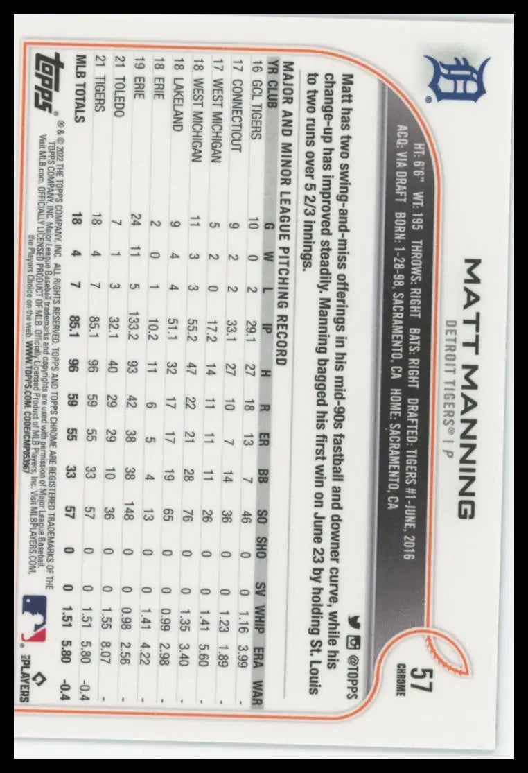 2022 Topps Chrome - Sepia Refractor Matt Manning 57 Detroit Tigers NM - Baseball Card Single