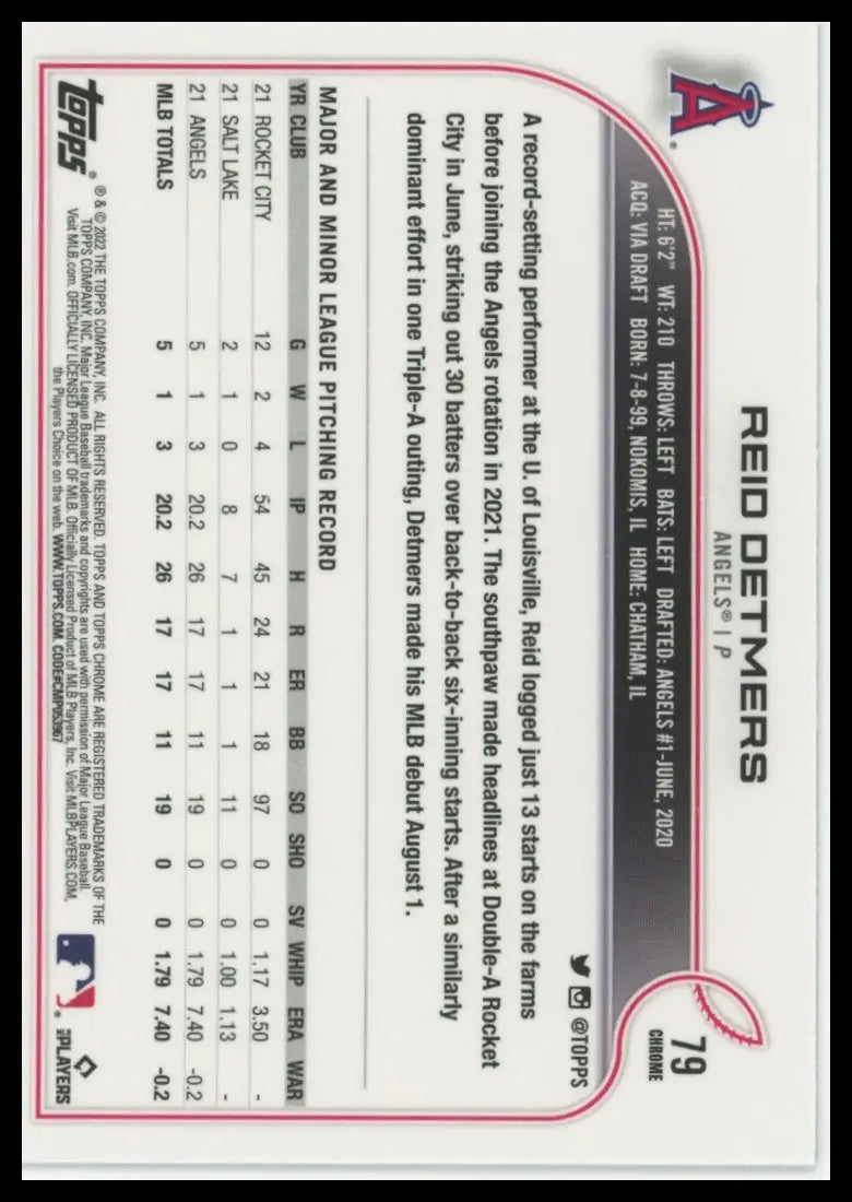2022 Topps Chrome - Sepia Refractor Reid Detmers 79 Los Angeles Angels NM - Baseball Card Single