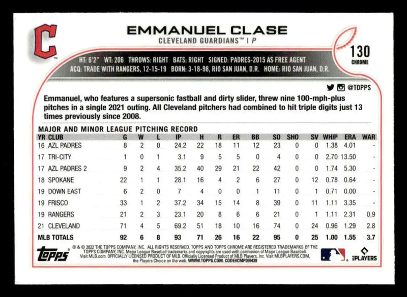 2022 Topps Chrome Sonic #130 Emmanuel Clase - Baseball Card Single