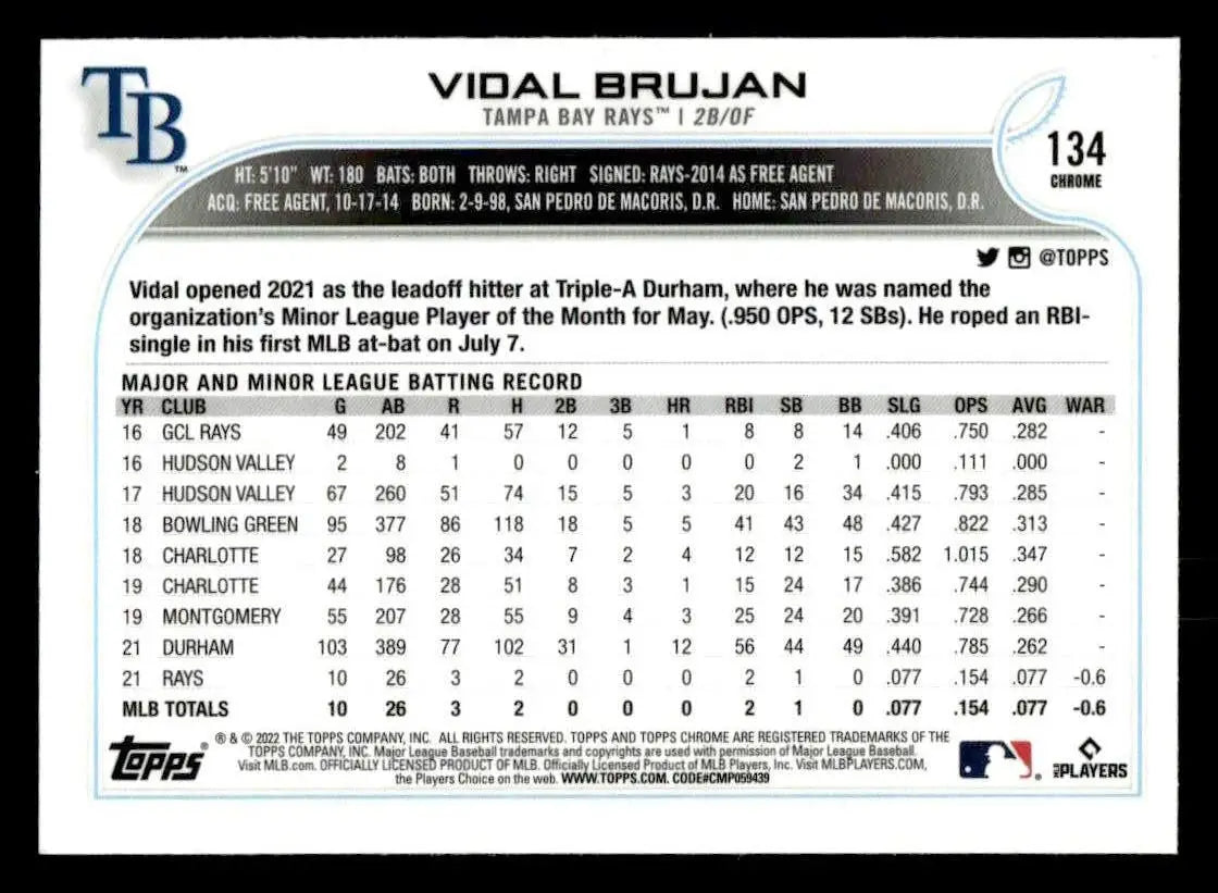 2022 Topps Chrome Sonic #134 Vidal Brujan - Baseball Card Single