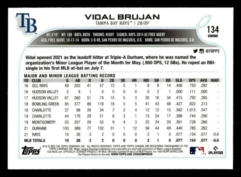2022 Topps Chrome Sonic #134 Vidal Brujan - Baseball Card Single