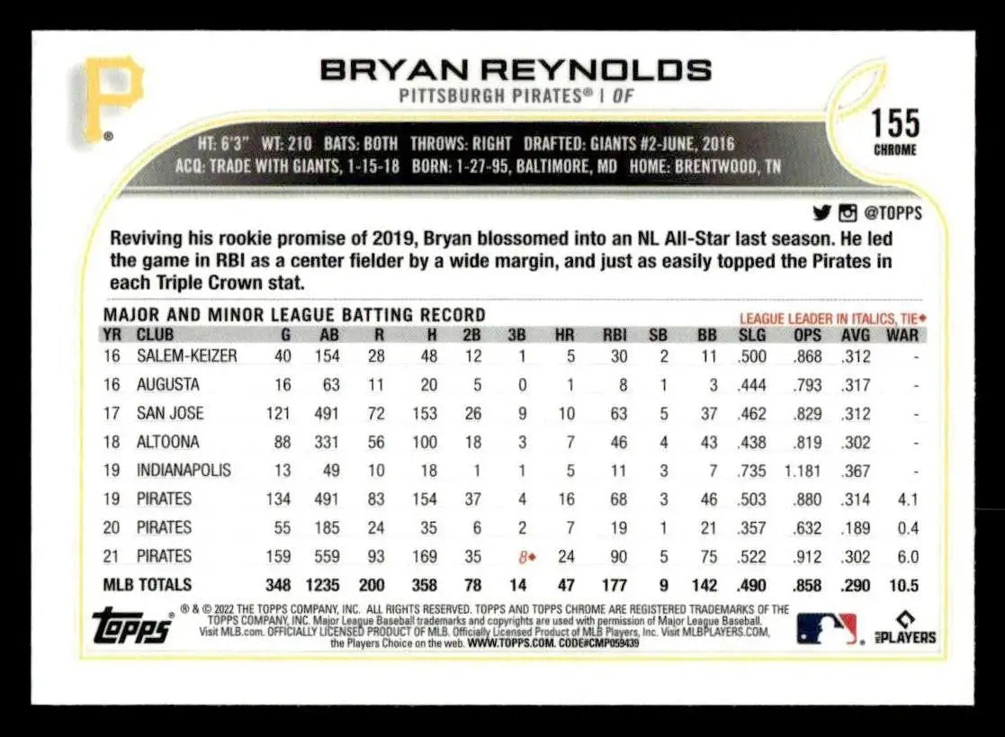2022 Topps Chrome Sonic #155 Bryan Reynolds - Baseball Card Single