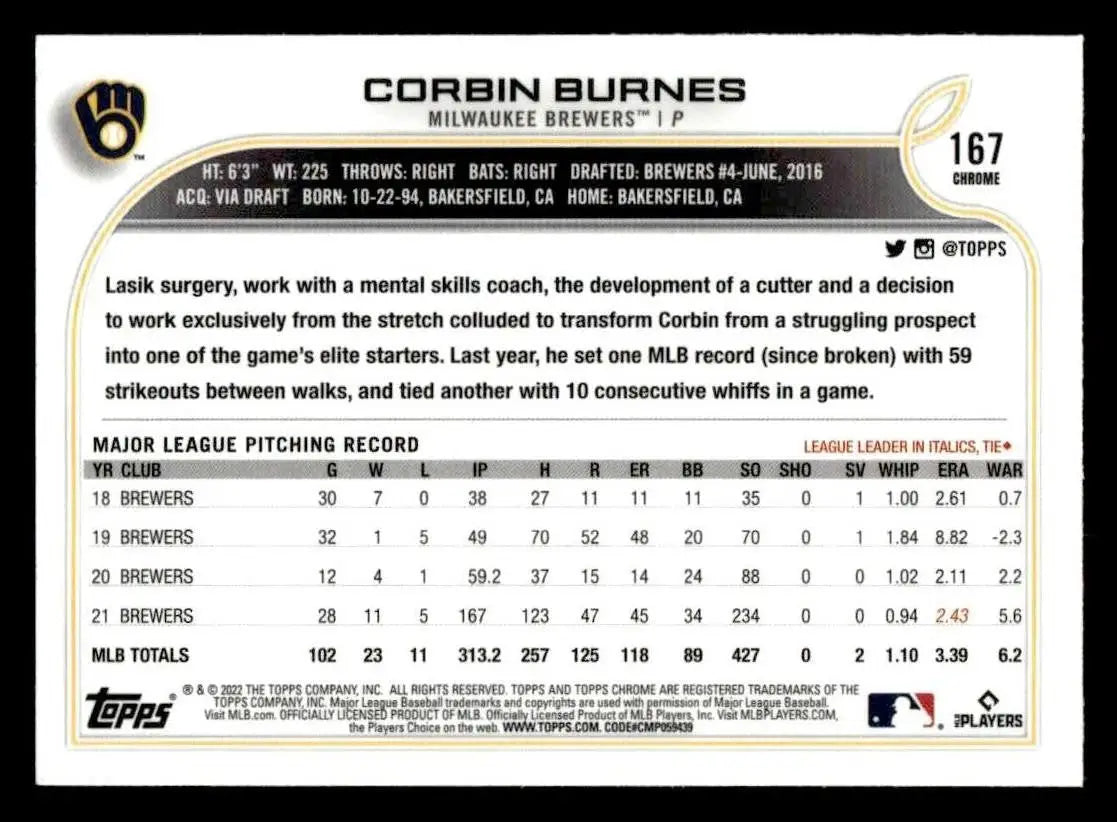 2022 Topps Chrome Sonic #167 Corbin Burnes - Baseball Card Single