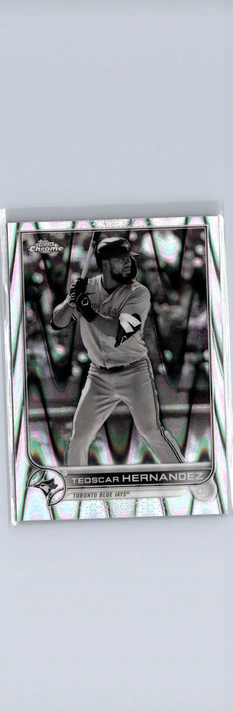 Baseball card featuring Teoscar Hernandez at bat from Topps Chrome Sonic Black & White RayWave