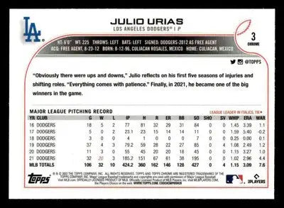 2022 Topps Chrome Sonic #3 Julio Urias - Baseball Card Single