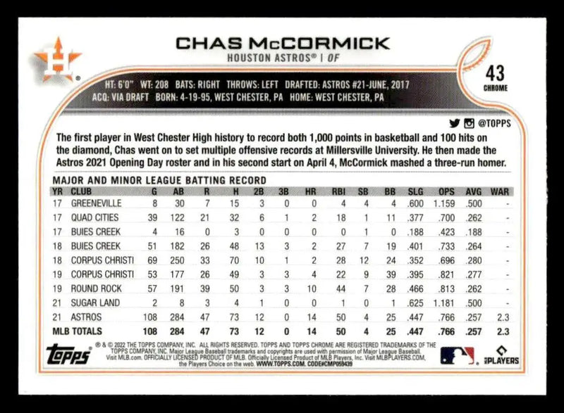 2022 Topps Chrome Sonic #43 Chas McCormick - Baseball Card Single