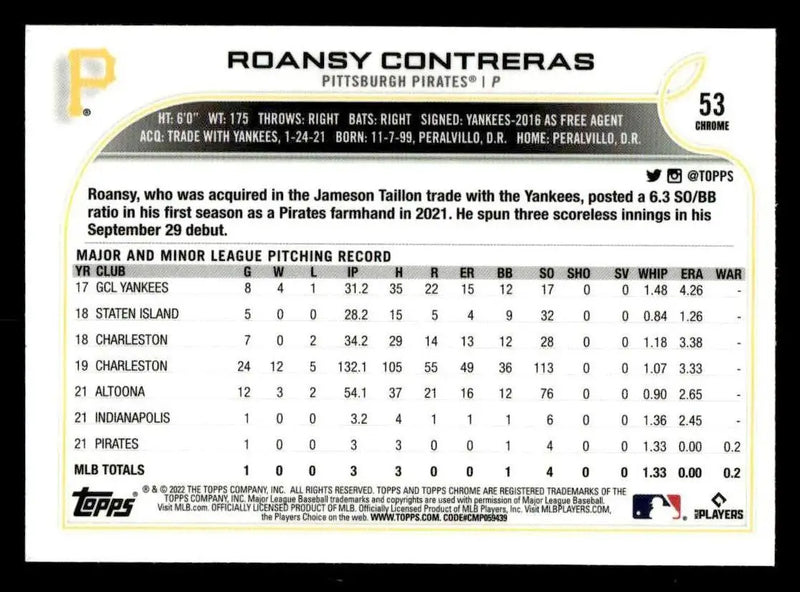 2022 Topps Chrome Sonic #53 Roansy Contreras - Baseball Card Single
