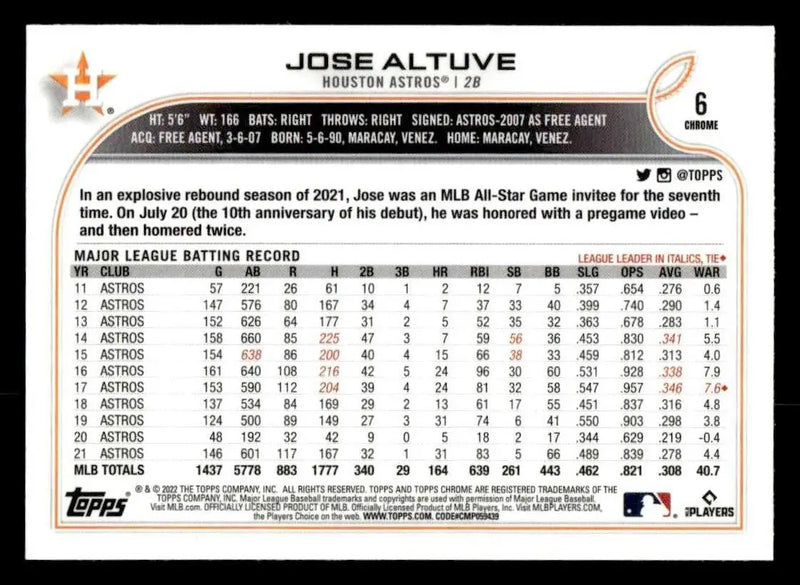 2022 Topps Chrome Sonic #6 Jose Altuve - Baseball Card Single