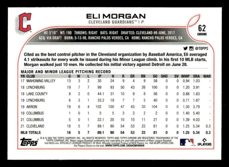 2022 Topps Chrome Sonic #62 Eli Morgan - Baseball Card Single