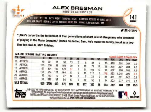 Baseball card back from Topps Chrome Sonic Edition featuring Alex Bregman Astros