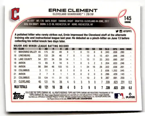 2022 Topps Chrome Sonic Edition #145 Ernie Clement NM-MT RC Rookie Guar ID:51107 - Baseball Card Single