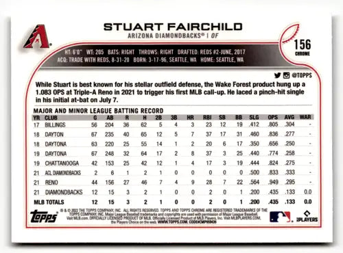 2022 Topps Chrome Sonic Edition #156 Stuart Fairchild NM-MT RC Rookie D ID:51126 - Baseball Card Single