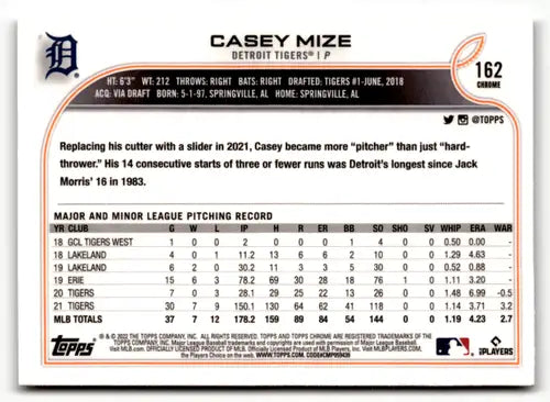 2022 Topps Chrome Sonic Edition #162 Casey Mize NM-MT Tigers ID:51114 - Baseball Card Single