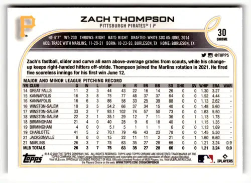 Zach Thompson baseball card with original gloss from 2022 Topps Chrome Sonic Edition