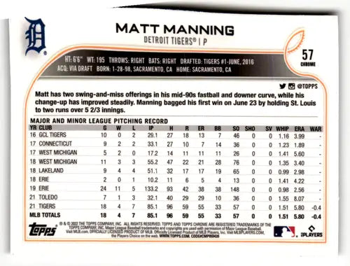 2022 Topps Chrome Sonic Edition #57 Matt Manning NM-MT RC Rookie Tigers ID:51580 - Baseball Card Single