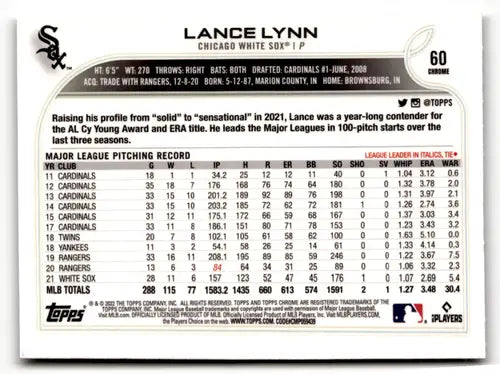 2022 Topps Chrome Sonic Edition #60 Lance Lynn NM-MT White Sox ID:51585 - Baseball Card Single