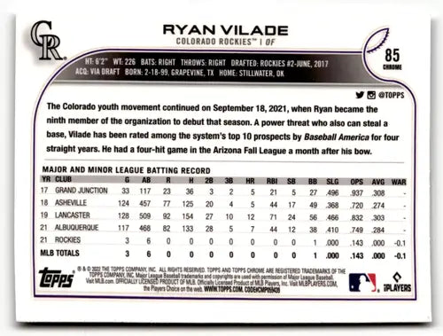 2022 Topps Chrome Sonic Edition #85 Ryan Vilade NM-MT RC Rookie Rockies ID:51110 - Baseball Card Single