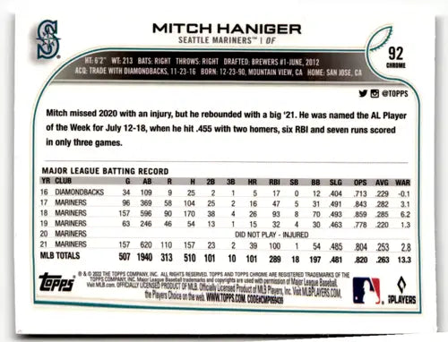 2022 Topps Chrome Sonic Edition #92 Mitch Haniger NM-MT Mariners ID:51581 - Baseball Card Single