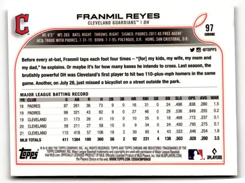 2022 Topps Chrome Sonic Edition #97 Franmil Reyes NM-MT Guardians ID:51120 - Baseball Card Single