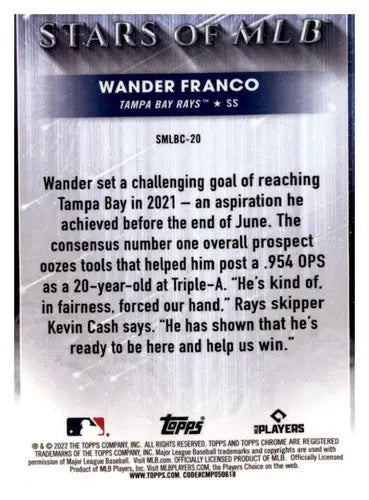 2022 Topps Chrome Stars of MLB #SMLBC-20 Wander Franco NM-MT Rays ID:44602 - Baseball Card Single