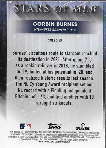 2022 Topps Chrome Corbin Burnes baseball card with original gloss, Stars of MLB series