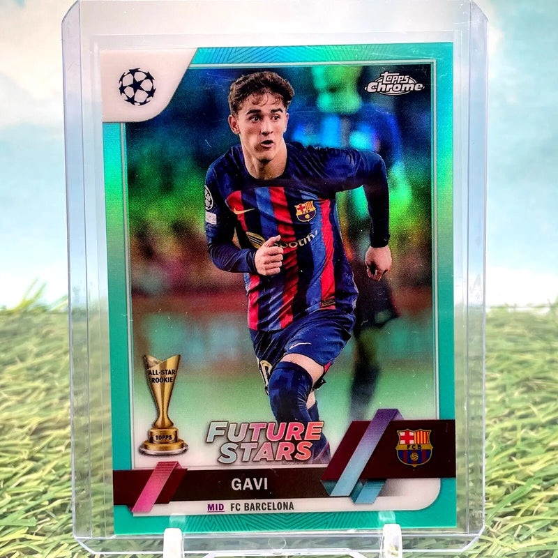 Gavi soccer trading card from 2022 Topps Chrome UEFA Club Competitions Aqua Refractor