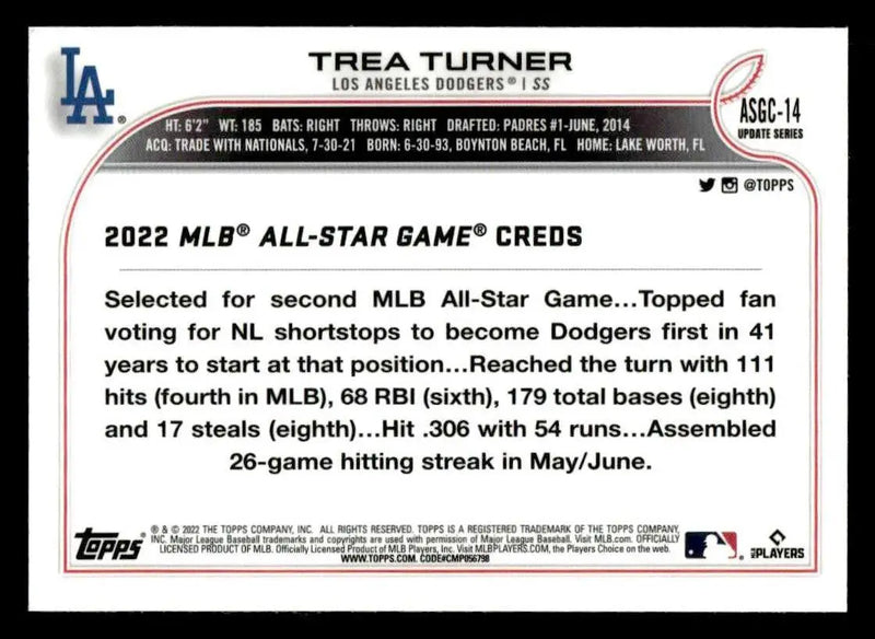 2022 Topps Chrome Update #ASGC-14 Trea Turner 2022 All-Star Game Chrome - Baseball Card Single