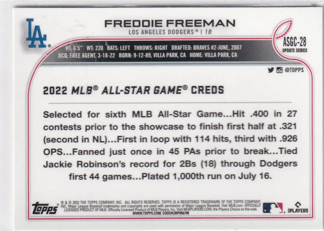 2022 TOPPS CHROME UPDATE #ASGC-28 FREDDIE FREEMAN REFRACTOR- LOS ANGELES DODGERS - Baseball Card Single